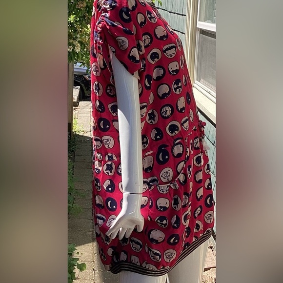 Anna Sui silk, lined dress, with drawstring waist, red with cream/black/silver. - Picture 2 of 15